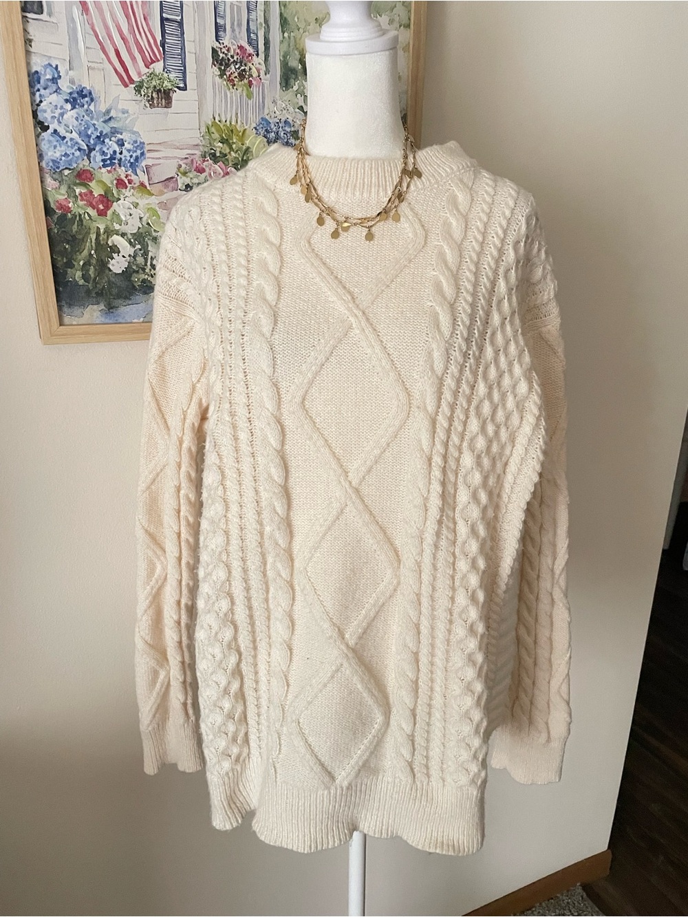 Aelfric Eden Chunky Cable Knit Oversized Fisherman Sweater Cream Medium